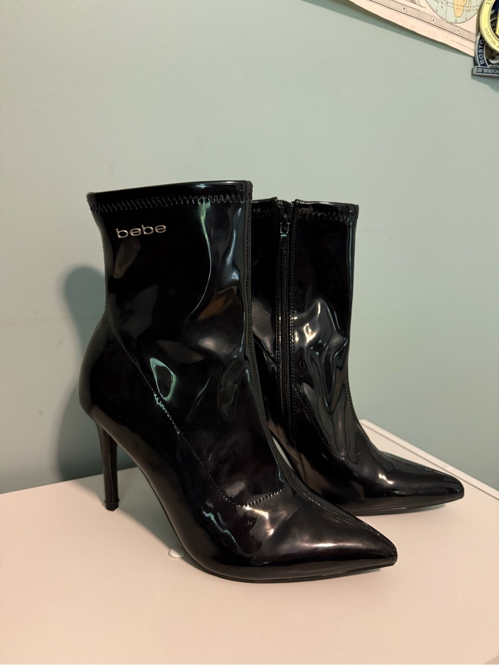 bebe Black Patent Pointed-Toe Stiletto Ankle Boots with Side Zipper